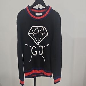 Gucci Black Crewneck Sweater with White Diamond Motif and Red-Blue Trim